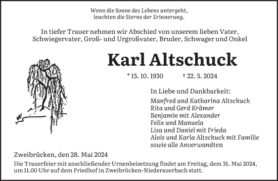 Todesanzeige von Karl Altschuck von saarbruecker_zeitung