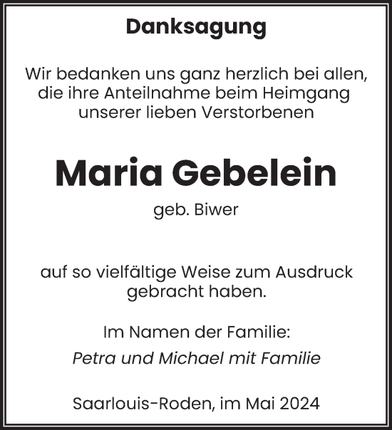 Todesanzeige von Maria Gebelein von saarbruecker_zeitung