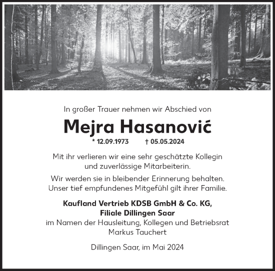 Todesanzeige von Mejra Hasanovic von saarbruecker_zeitung