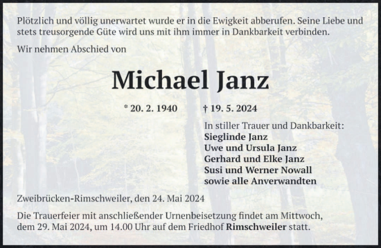 Todesanzeige von Michael Janz von saarbruecker_zeitung