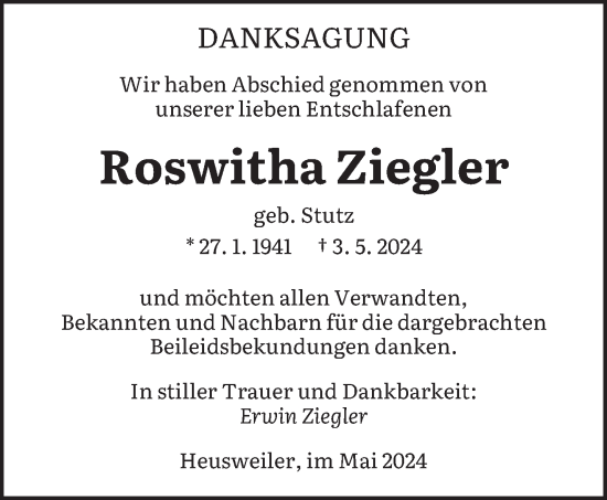 Todesanzeige von Roswitha Ziegler von saarbruecker_zeitung