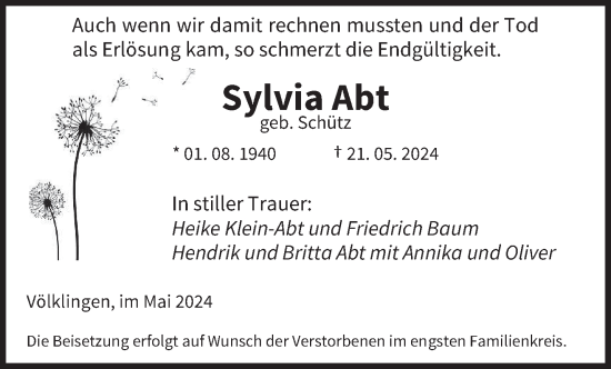 Todesanzeige von Sylvia Abt von saarbruecker_zeitung