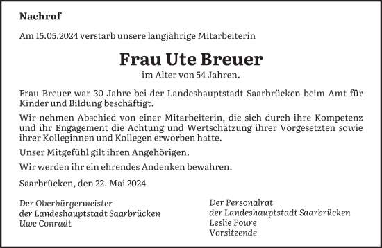 Todesanzeige von Ute Breuer von saarbruecker_zeitung