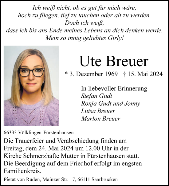 Todesanzeige von Ute Breuer von saarbruecker_zeitung