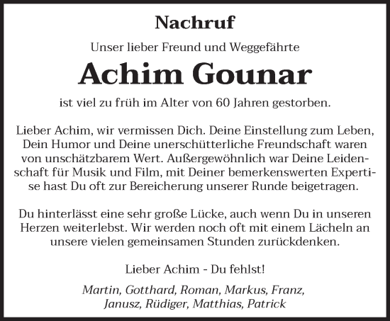 Todesanzeige von Achim Gounar von saarbruecker_zeitung