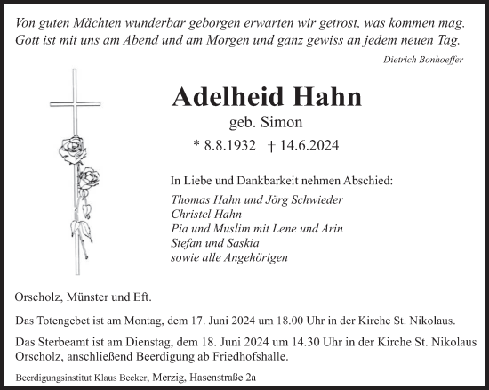 Todesanzeige von Adelheid Hahn von saarbruecker_zeitung