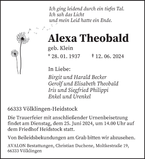 Todesanzeige von Alexa Theobald von saarbruecker_zeitung