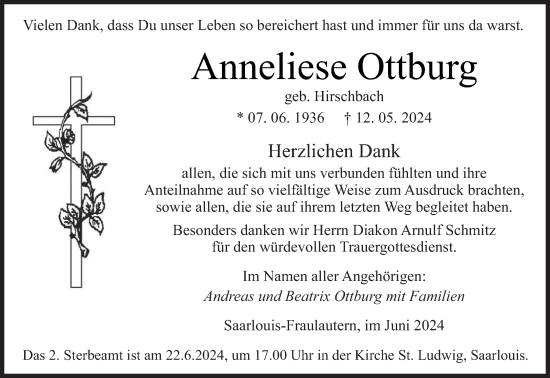 Todesanzeige von Anneliese Ottburg von saarbruecker_zeitung