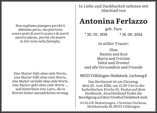 Todesanzeige von Antonina Ferlazzo von saarbruecker_zeitung