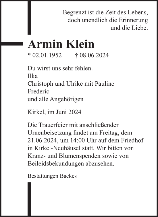 Todesanzeige von Armin Klein von saarbruecker_zeitung