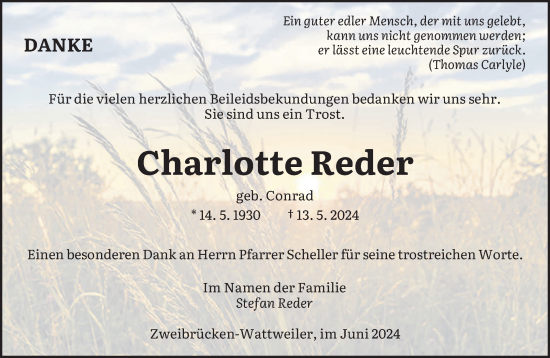 Todesanzeige von Charlotte Reder von saarbruecker_zeitung