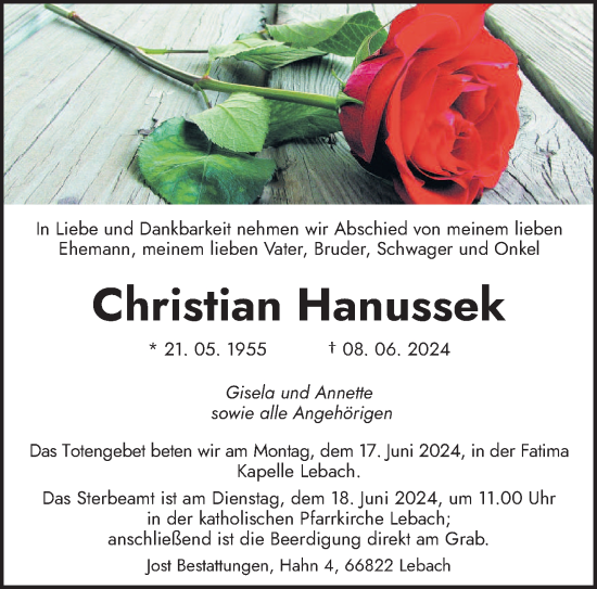 Todesanzeige von Christian Hanussek von saarbruecker_zeitung