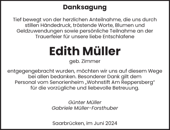 Todesanzeige von Edith Müller von saarbruecker_zeitung