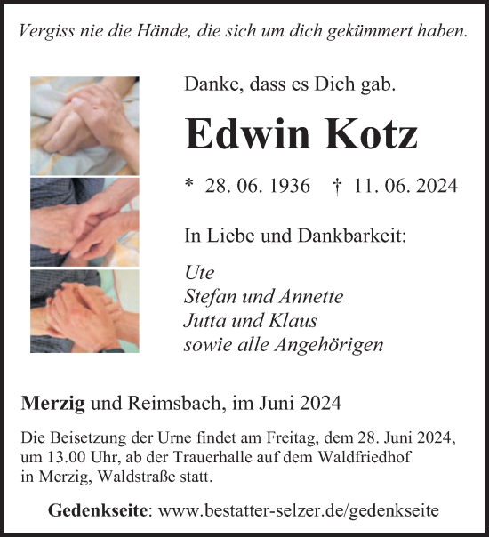 Todesanzeige von Edwin Kotz von saarbruecker_zeitung