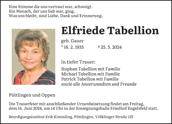 Todesanzeige von Elfriede Tabellion von saarbruecker_zeitung