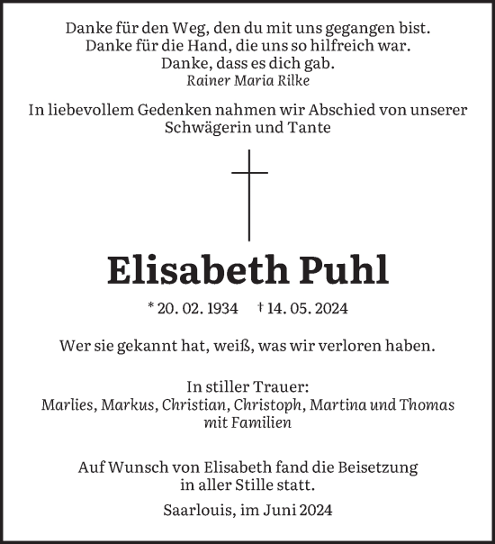 Todesanzeige von Elisabeth Puhl von saarbruecker_zeitung