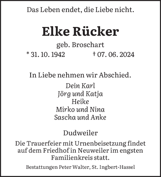 Todesanzeige von Elke Rücker von saarbruecker_zeitung