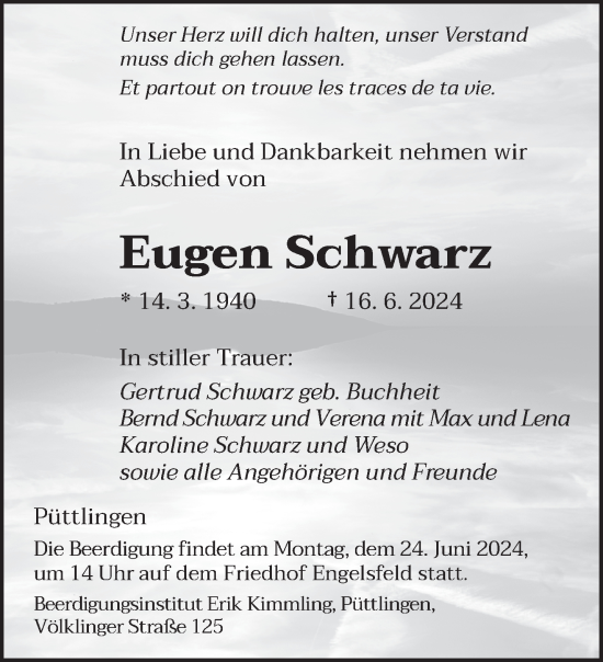 Todesanzeige von Eugen Schwarz von saarbruecker_zeitung