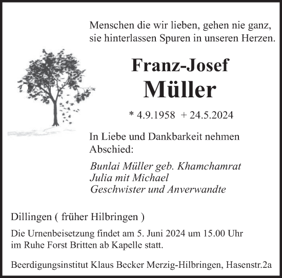 Todesanzeige von Franz-Josef Müller von saarbruecker_zeitung