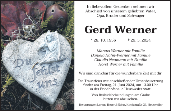 Todesanzeige von Gerd Werner von saarbruecker_zeitung