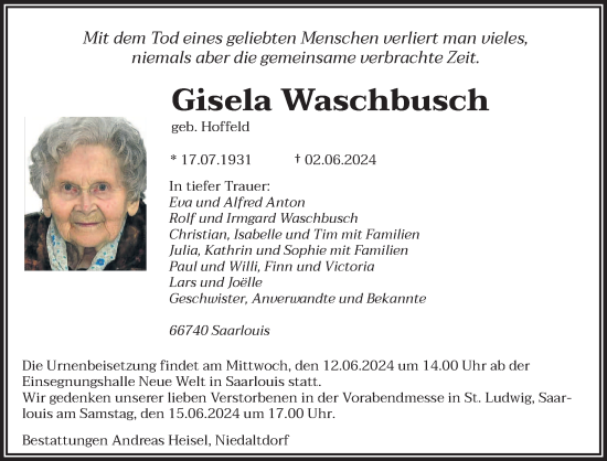 Todesanzeige von Gisela Waschbusch von saarbruecker_zeitung