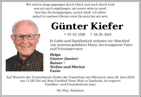 Todesanzeige von Günter Kiefer von saarbruecker_zeitung