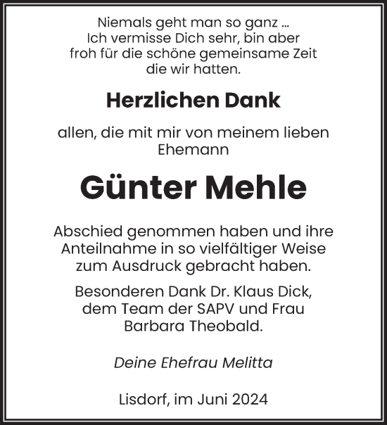 Todesanzeige von Günter Mehle von saarbruecker_zeitung