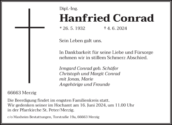 Todesanzeige von Hanfried Conrad von saarbruecker_zeitung