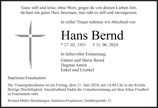 Todesanzeige von Hans Bernd von saarbruecker_zeitung