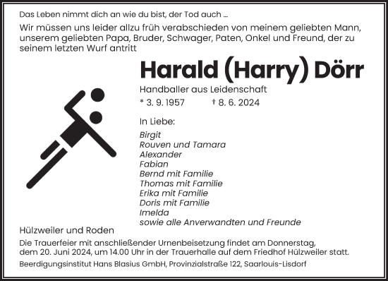 Todesanzeige von Harald Dörr von saarbruecker_zeitung