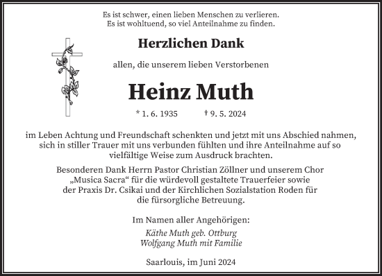 Todesanzeige von Heinz Muth von saarbruecker_zeitung