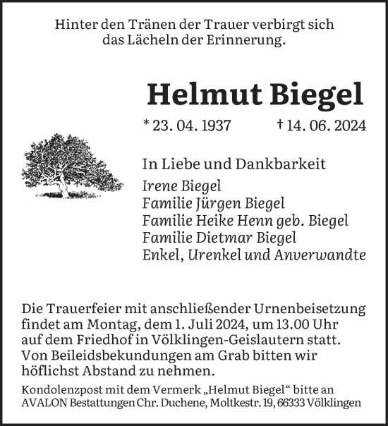 Todesanzeige von Helmut Biegel von saarbruecker_zeitung