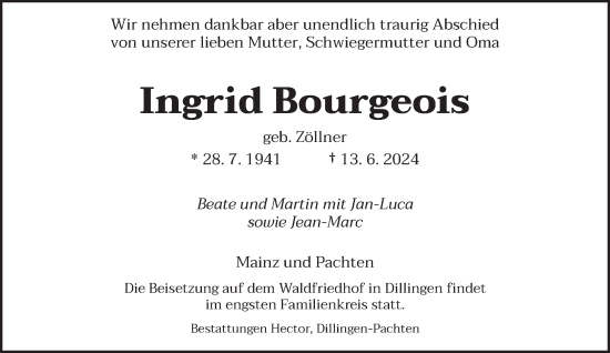 Todesanzeige von Ingrid Bourgeois von saarbruecker_zeitung
