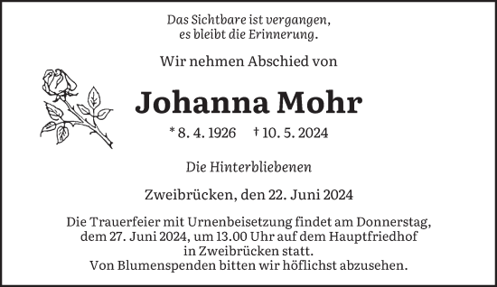 Todesanzeige von Johanna Mohr von saarbruecker_zeitung