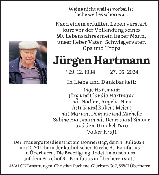 Todesanzeige von Jürgen Hartmann von saarbruecker_zeitung