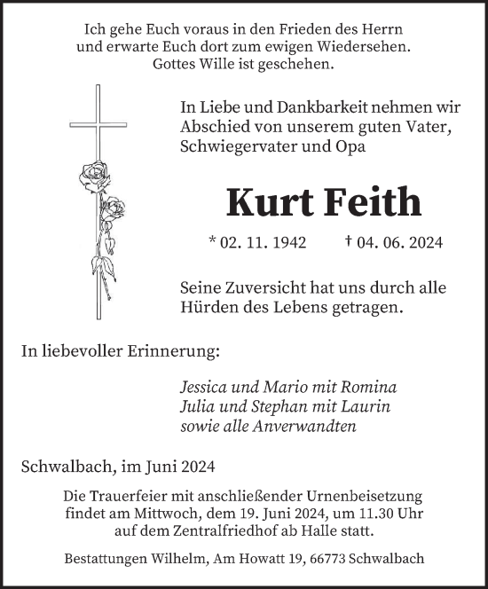 Todesanzeige von Kurt Feith von saarbruecker_zeitung