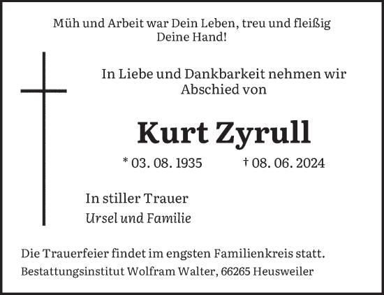 Todesanzeige von Kurt Zyrull von saarbruecker_zeitung