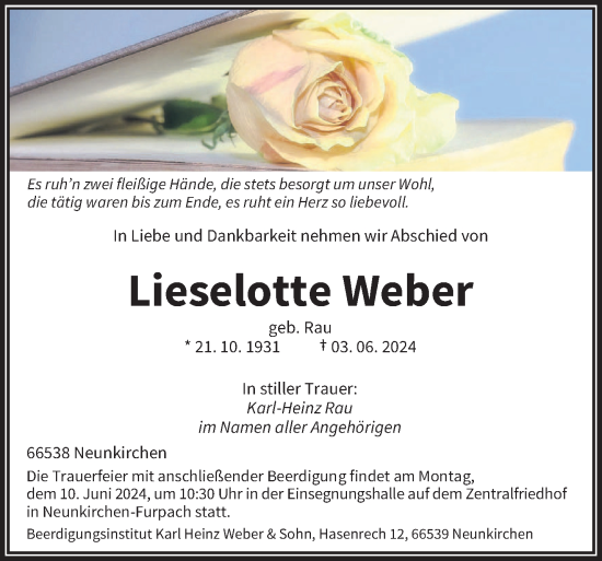 Todesanzeige von Lieselotte Weber von saarbruecker_zeitung
