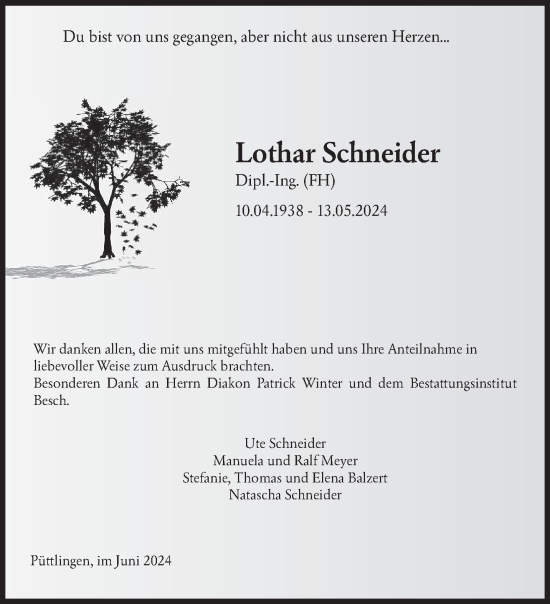 Todesanzeige von Lothar Schneider von saarbruecker_zeitung