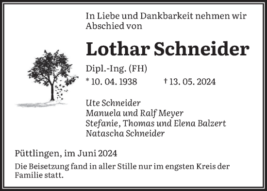 Todesanzeige von Lothar Schneider von saarbruecker_zeitung