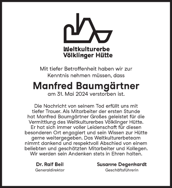 Todesanzeige von Manfred Baumgärtner von saarbruecker_zeitung