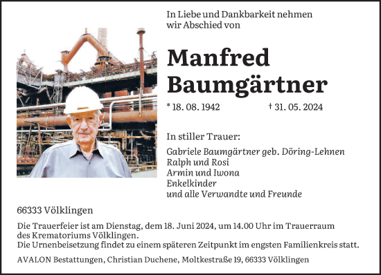 Todesanzeige von Manfred Baumgärtner von saarbruecker_zeitung