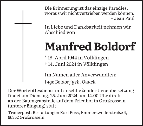 Todesanzeige von Manfred Boldorf von saarbruecker_zeitung