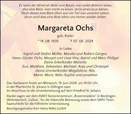 Todesanzeige von Margareta Ochs von saarbruecker_zeitung