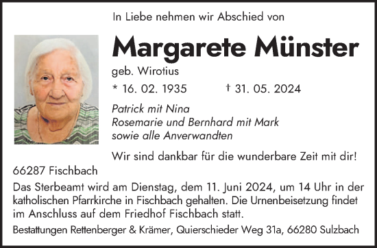 Todesanzeige von Margarete Münster von saarbruecker_zeitung