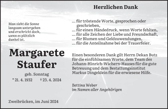 Todesanzeige von Margarete Staufer von saarbruecker_zeitung