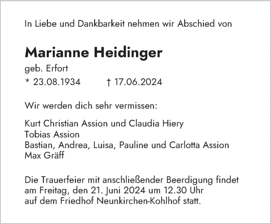 Todesanzeige von Marianne Heidinger von saarbruecker_zeitung