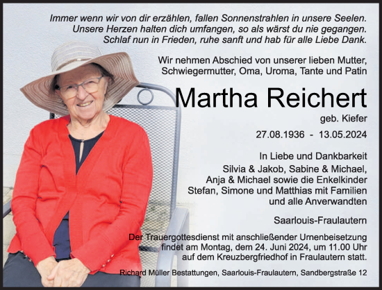 Todesanzeige von Martha Reichert von saarbruecker_zeitung