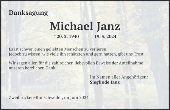 Todesanzeige von Michael Janz von saarbruecker_zeitung