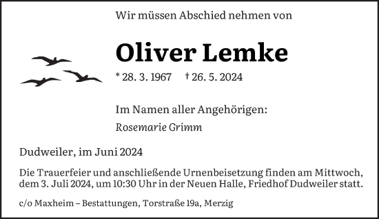 Todesanzeige von Oliver Lemke von saarbruecker_zeitung